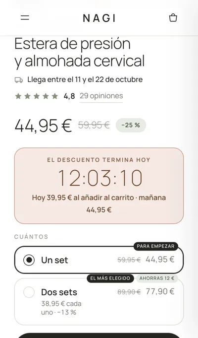NAGI product page on mobile with a pack selector and a discount countdown